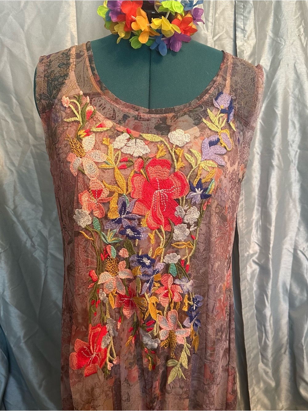 Johnny Was Taupe Maxi Dress with Multicolor Floral Embroidery 1X - Picture 2 of 8